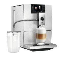 JURA ENA 8 Espresso Machine - Massive Aluminum -Coffee Series Shop ENA 8 Massive Aluminum angle latte macchiato Glass Milk Container